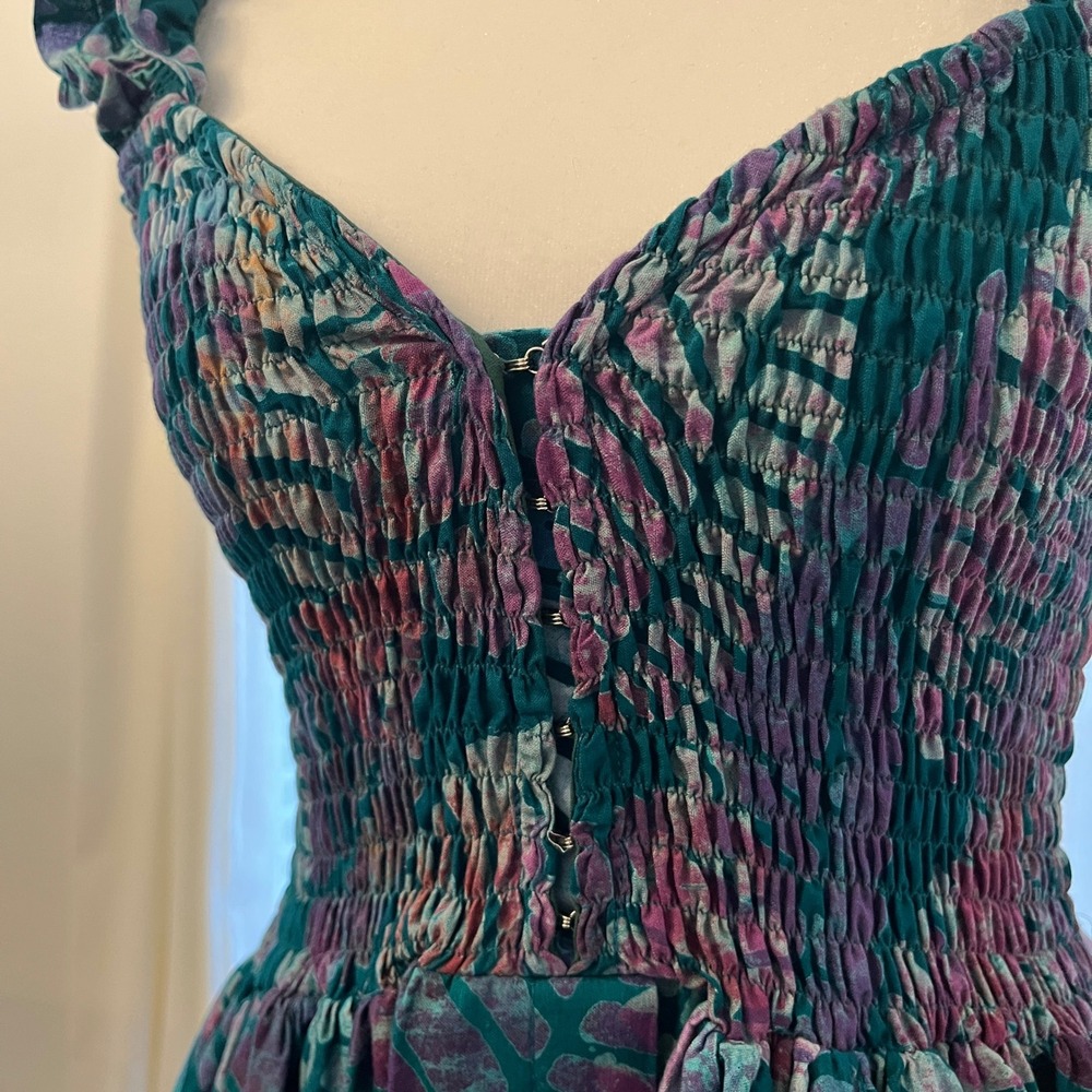 Sika Traci Smocked Maxi Dress 6 Leaf Print Tropical Resort Vacation Cotton Teal - Picture 4 of 16